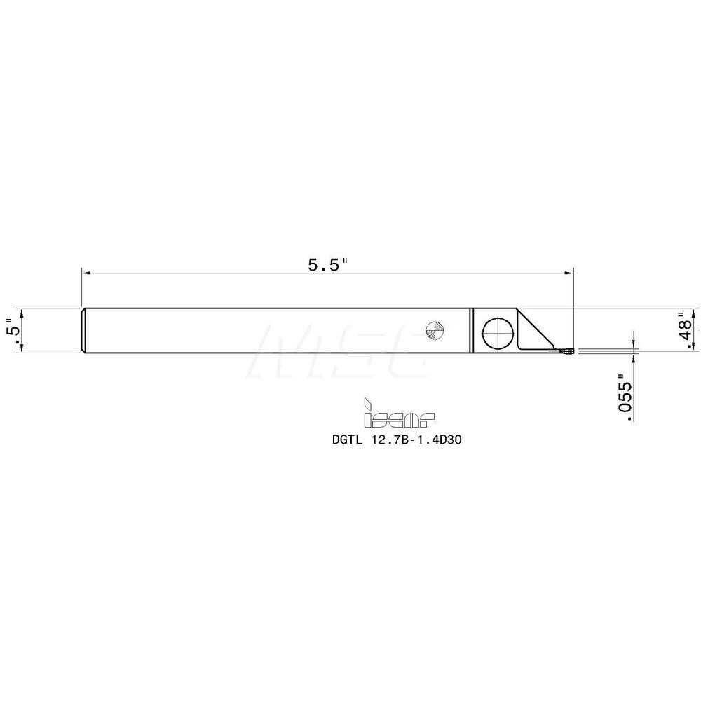 Iscar Indexable Grooving-Cutoff Toolholder: DGTL 12.7B-1.4D30, 0.055 to 0.055" Groove Width, 0.591" Max Depth of Cut, Left Hand - 2301418