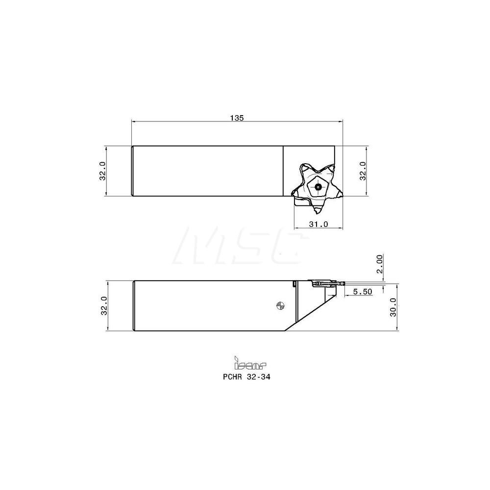 Iscar Indexable Grooving-Cutoff Toolholder: PCHR32-34, 1.5 to 4 mm Groove Width, 10 mm Max Depth of Cut, Right Hand - 2302214