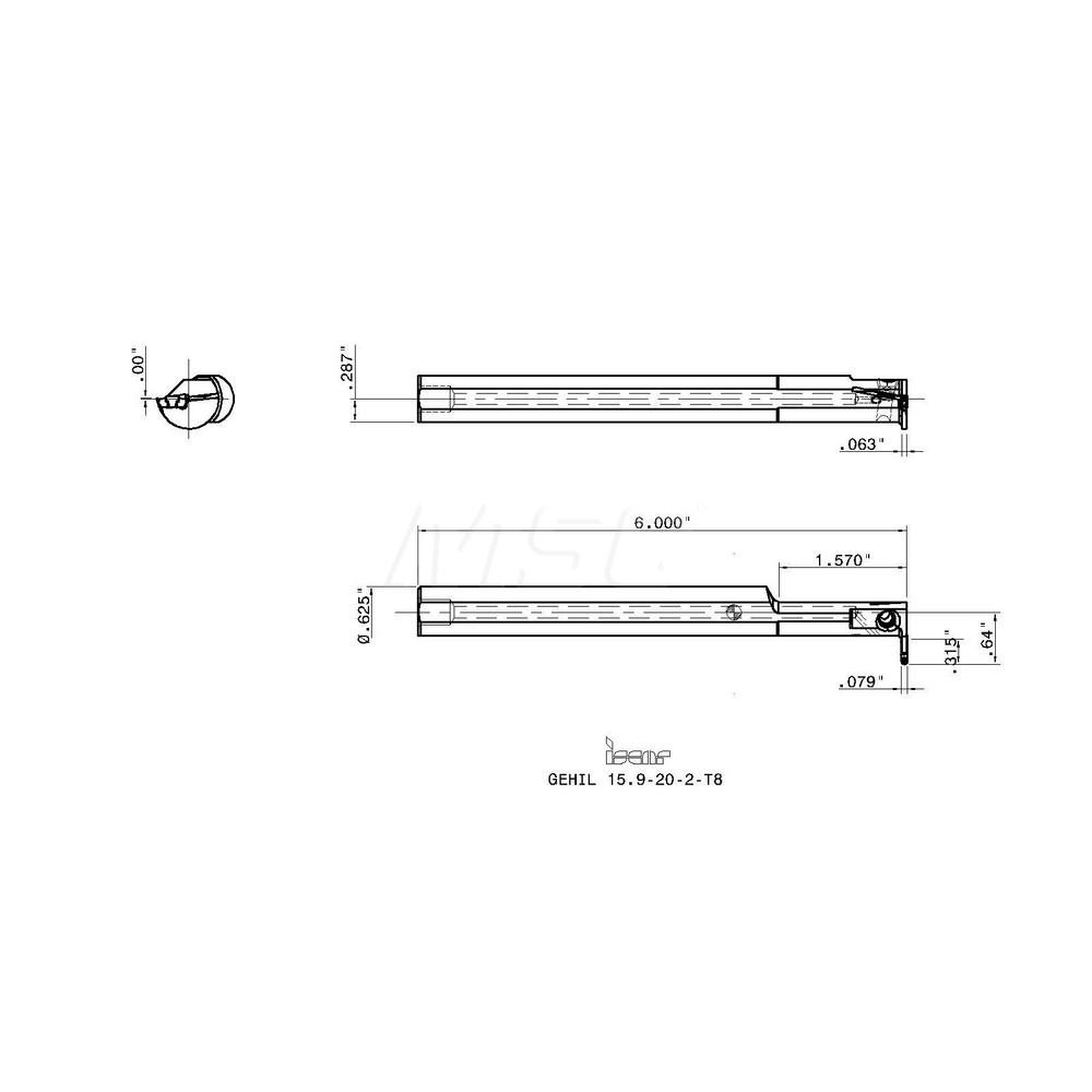 Iscar Indexable Boring Bar: GEHIL15.9-20-2T8, 0.787" Min Bore Dia, Left Hand Cut, 5/8" Shank Dia, Steel - 2801783