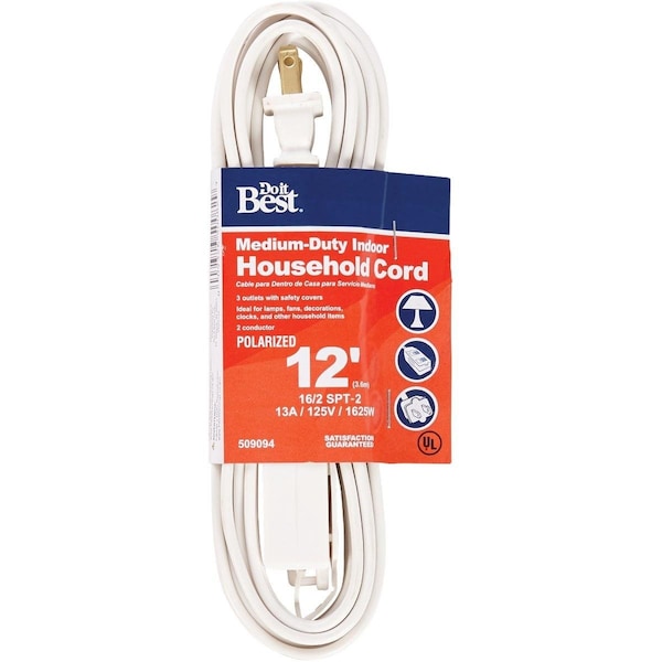 All-Source Extension Cord, 16 AWG, Indoor, 16/2, 12 ft - IN-PT2162-12X-WH