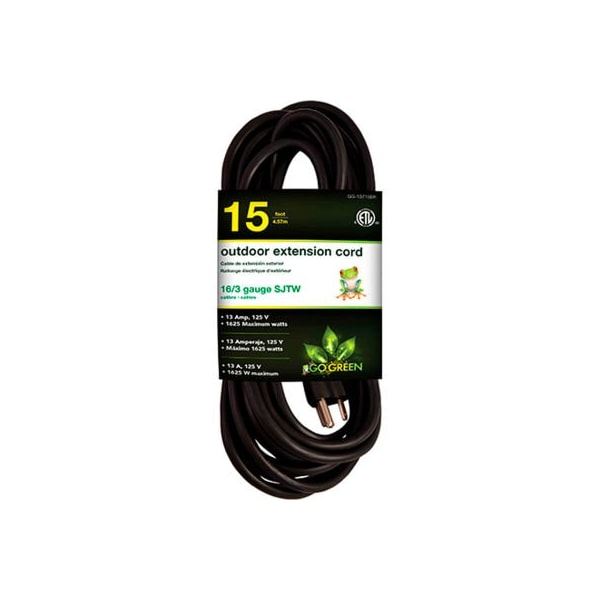 Gogreen SJTW Extension Cord, 16 AWG, Outdoor, 16/3, 15 ft - GG-13715BK