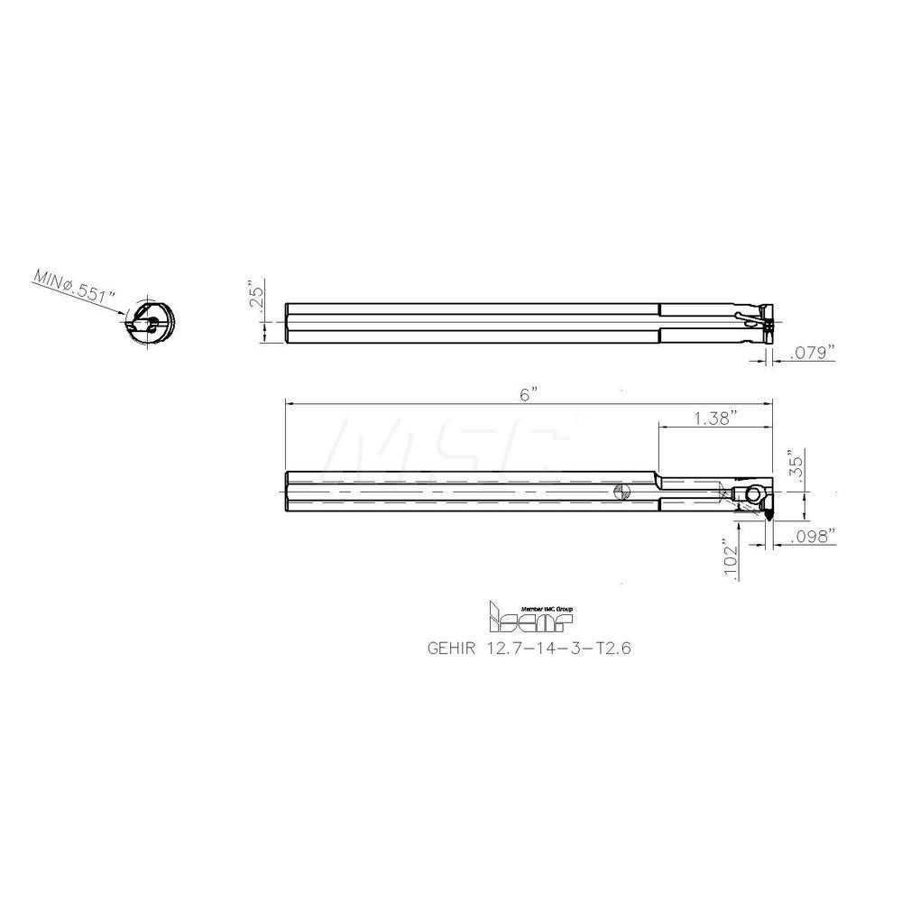 Iscar Indexable Grooving Toolholder:  GEHIR 12.7-14-3, 0.1260" Max Groove Width - 2801139