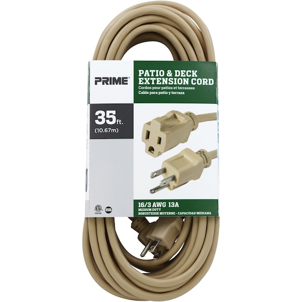 Prime SJTW Extension Cord, 16 AWG, Outdoor, 16/3, 35 ft - EC884627