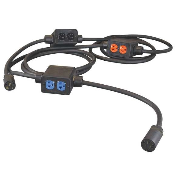 Kh Industries SOOW; Feed Through Stringer Extension Cord, 12 AWG, Indoor, 12/3, 6 Outlets, 5-20R, Black, Rubber - PS6DD3-520-B12G-520F