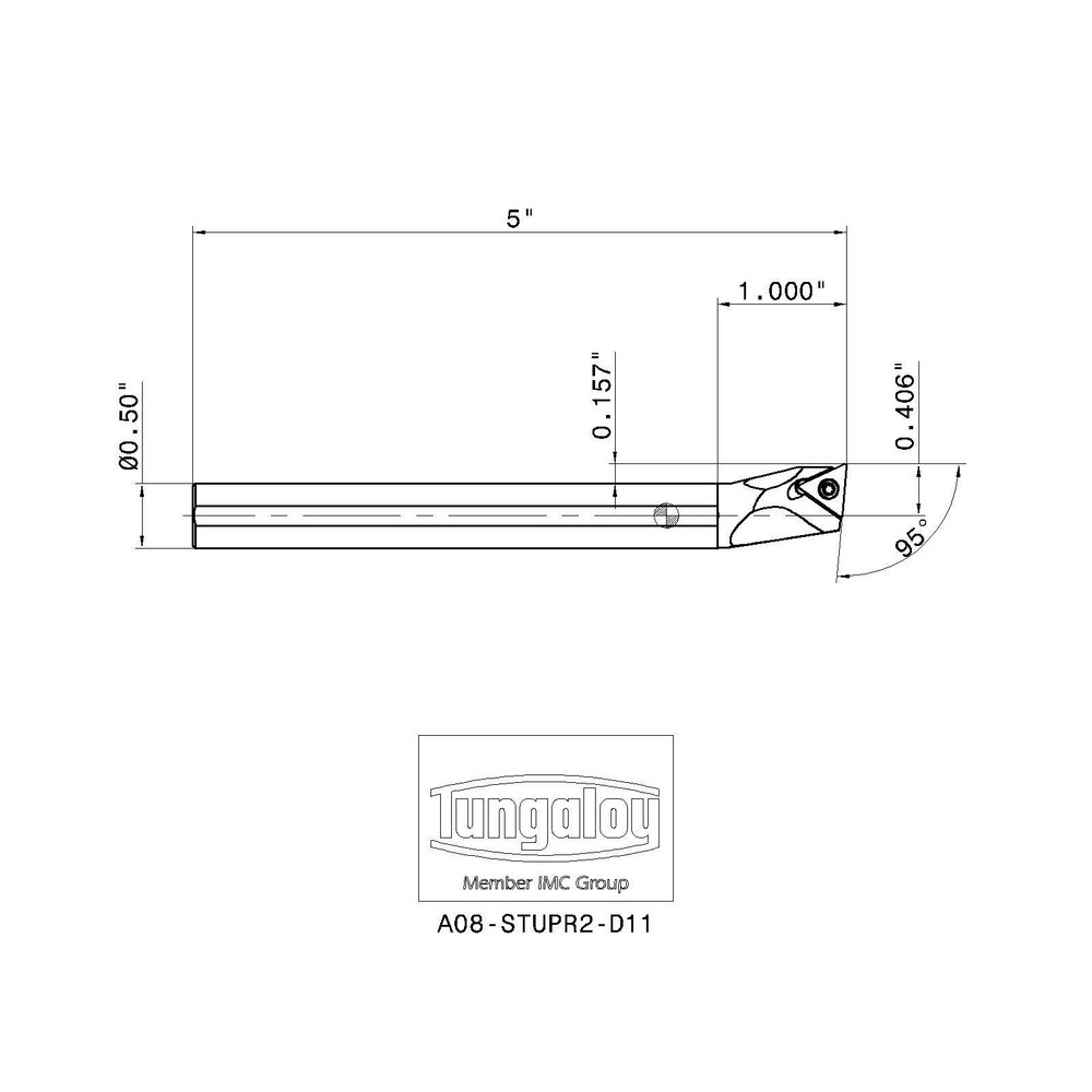 Tungaloy Indexable Boring Bar: A08-STUPR2-D11, 0.6880" Min Bore, 95 deg Lead, Steel - 6850464
