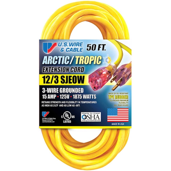 U.S. Wire & Cable SJEOW Extension Cord, 12 AWG, Outdoor, 12/3, Blue, Rubber, 50 ft - 99050