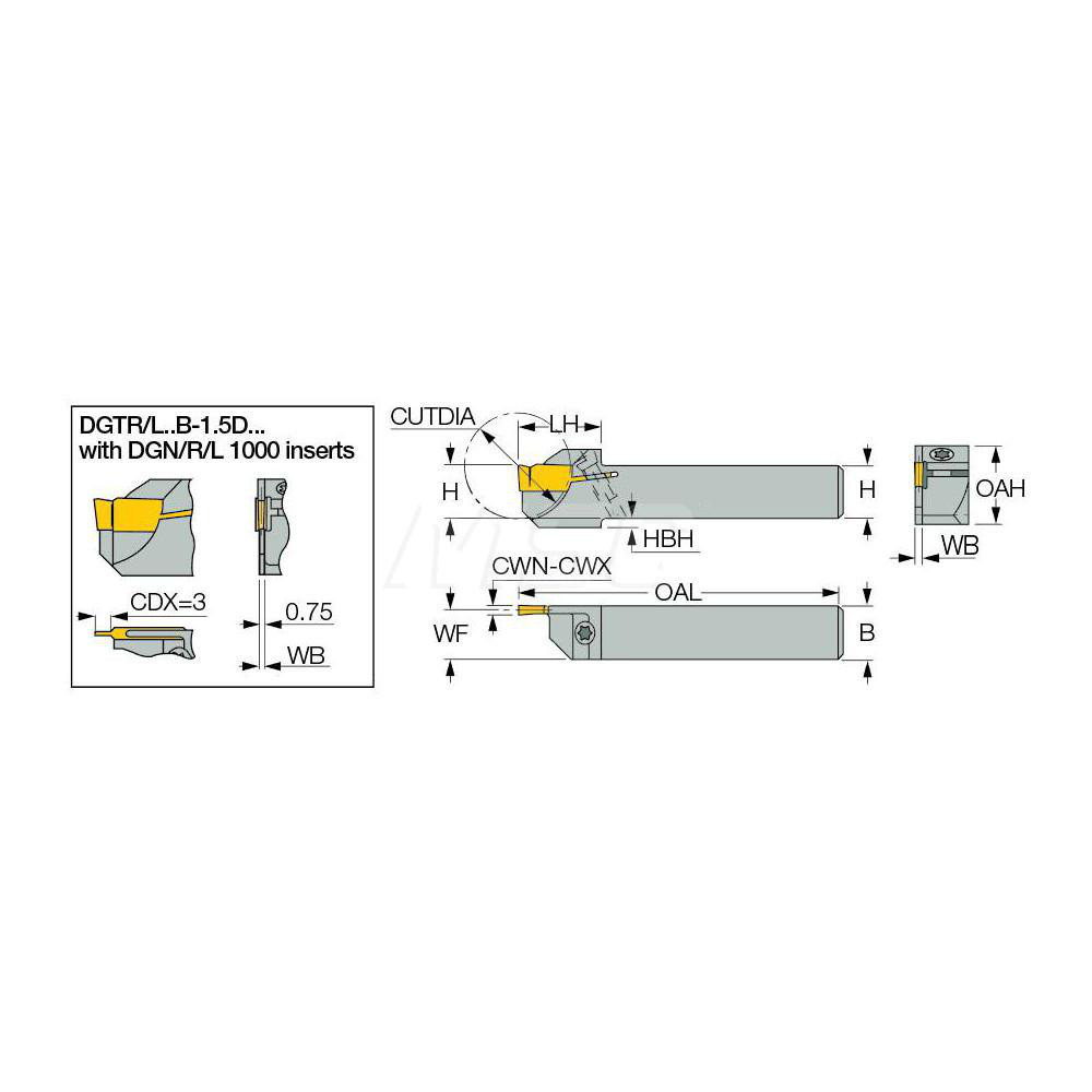 Iscar Indexable Grooving-Cutoff Toolholder: DGTL 12B-1.5D24SH, 1 to 1.5 mm Groove Width, 12 mm Max Depth of Cut, Left Hand - 2301579