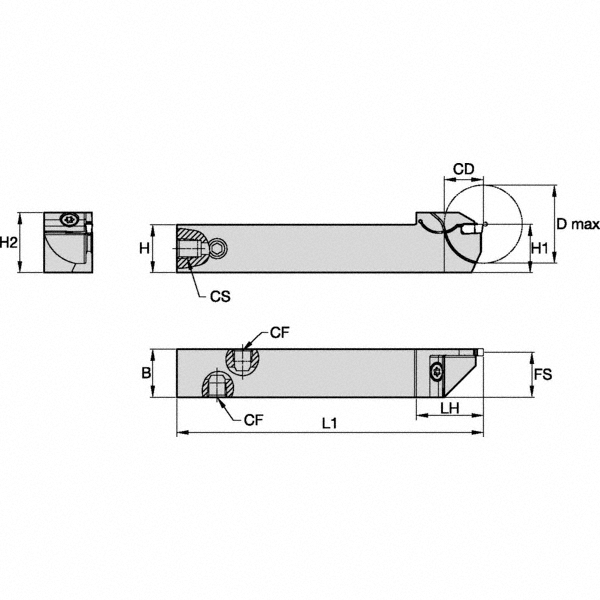 Kennametal Indexable Grooving-Cutoff Toolholder: EVSCFL1212K1F10, 1.6 to 1.6 mm Groove Width, 10 mm Max Depth of Cut, Left Hand - 6179924