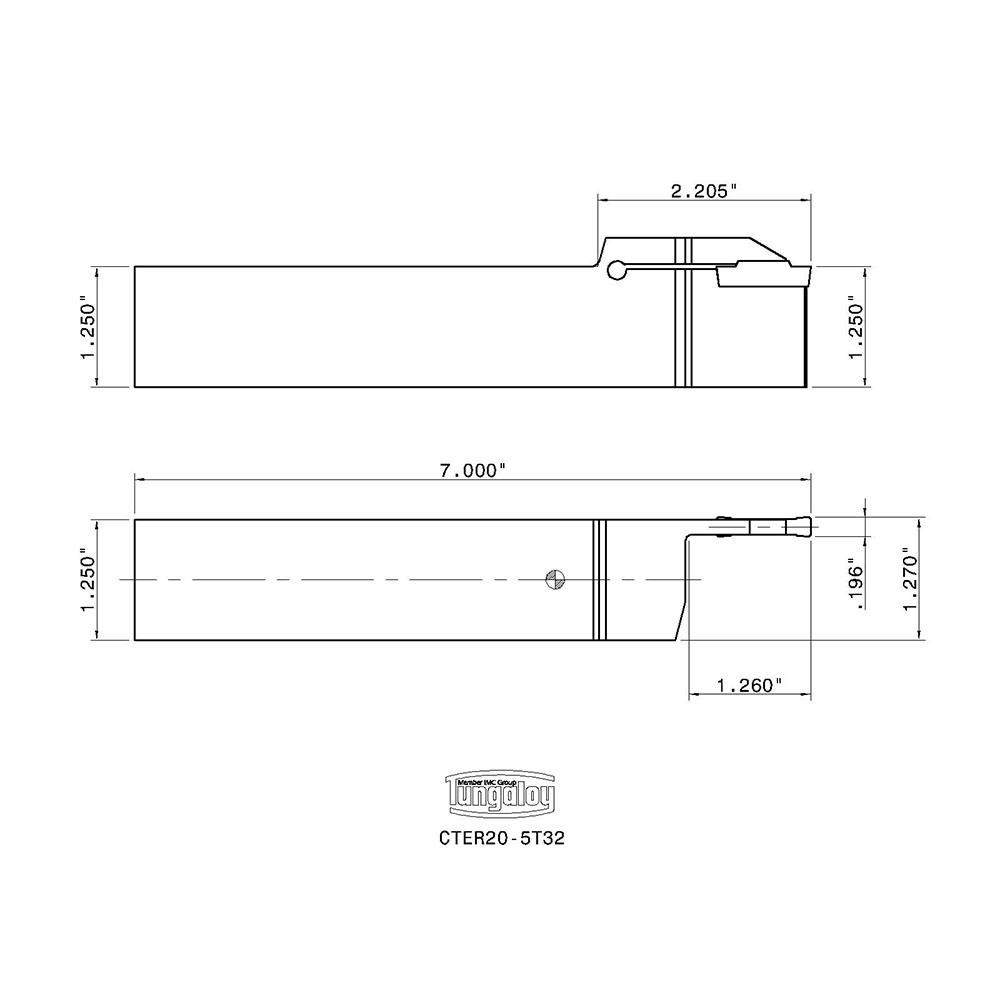Tungaloy Indexable Grooving-Cutoff Toolholder: CTER20-5T32, 0.197" Min Groove Width, 1.26" Max Depth of Cut, Right Hand - 6880669
