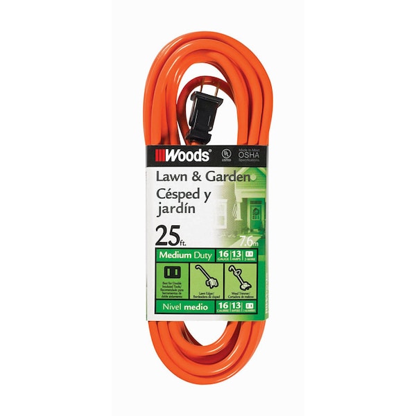 Woods Extension Cord, Indoor/Outdoor, Orange, 25 ft - 722