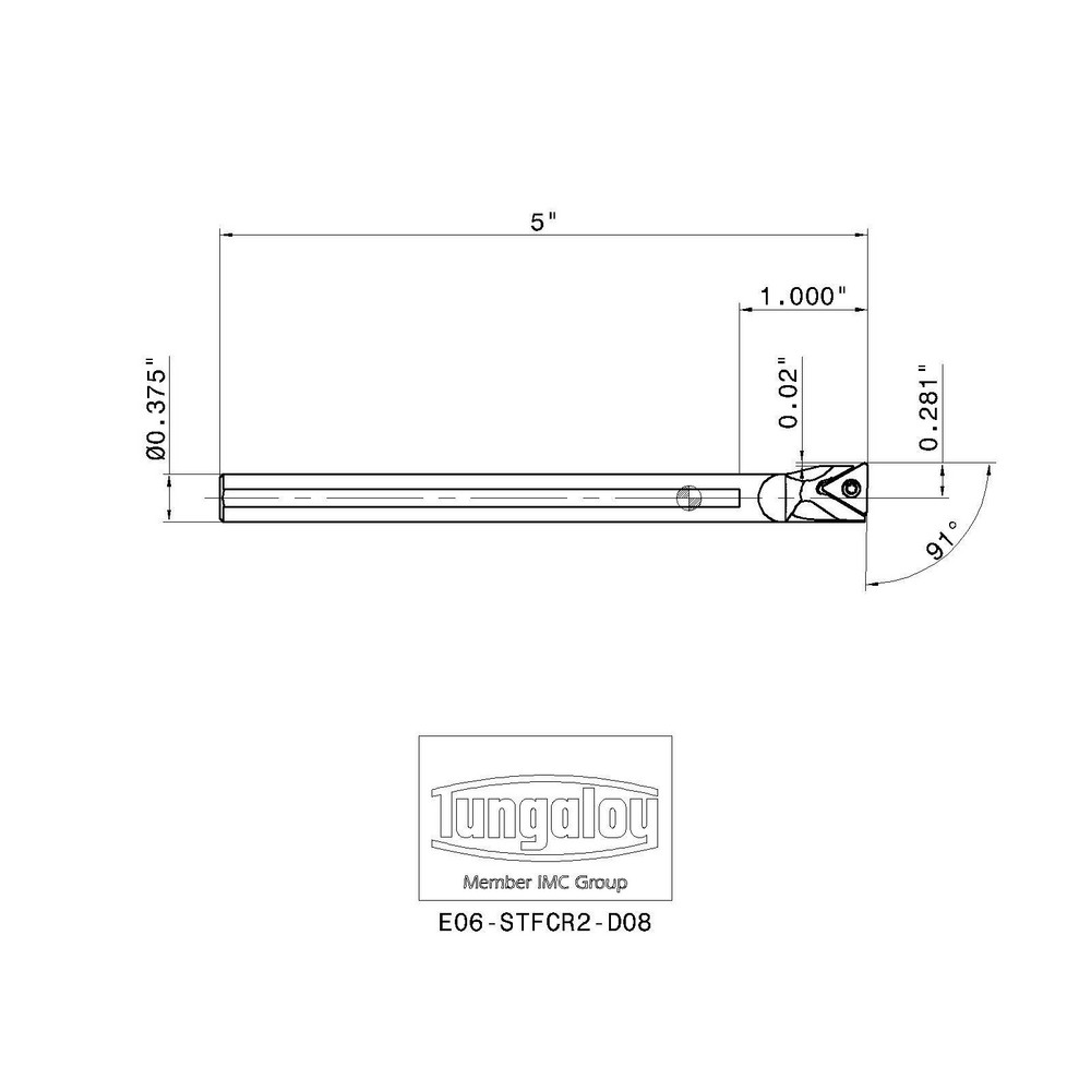 Tungaloy Indexable Boring Bar: E06-STFCR2-D08, 1/2" Min Bore, 3/8" Shank Dia, 91 deg Lead, Solid Carbide - 6862393