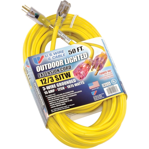 U.S. Wire & Cable Extension Cord, 12 AWG, 12/3, Yellow, 50 ft - 74050