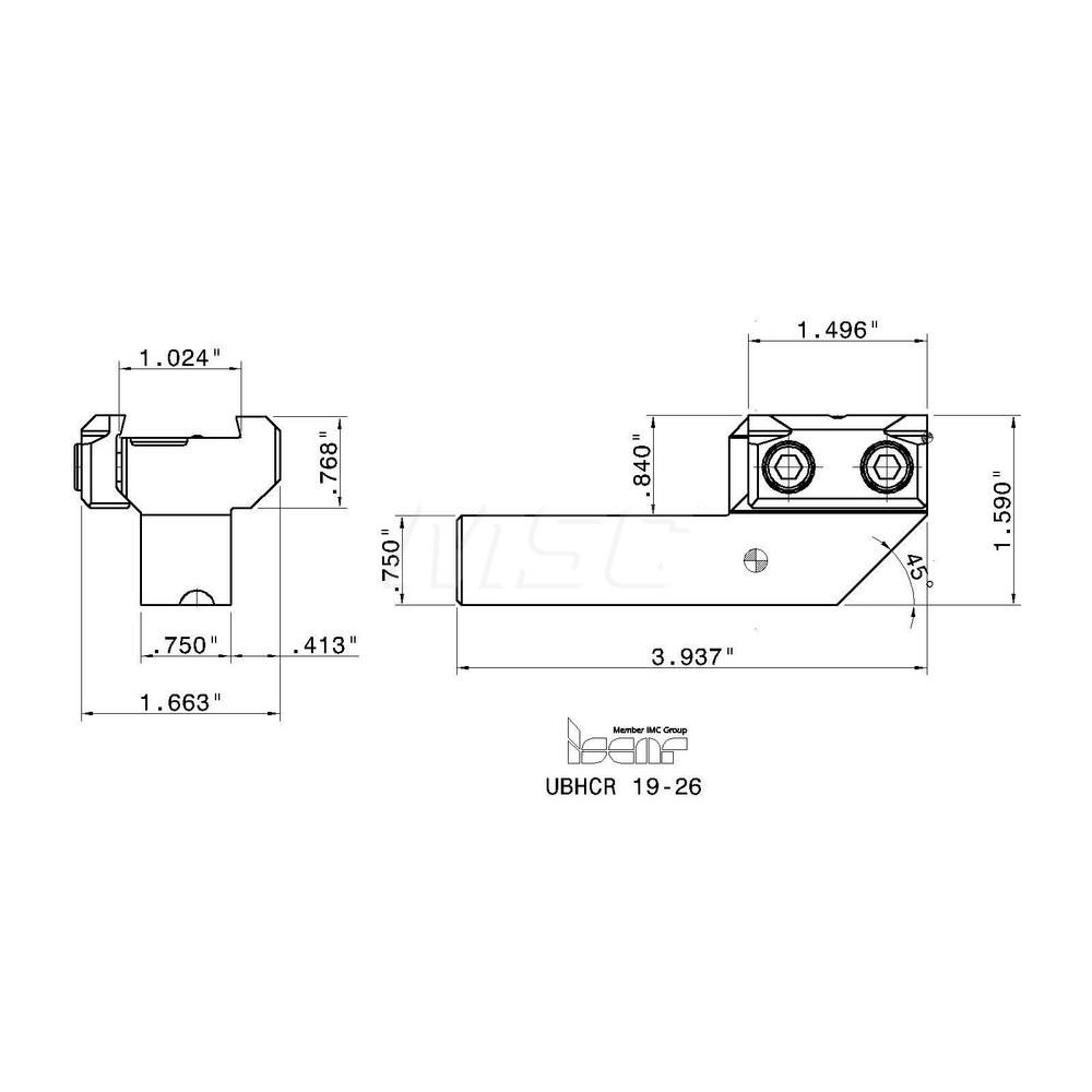 Iscar Indexable Grooving-Cutoff Toolholder: UBHCR 19-26, Right Hand - 2800526