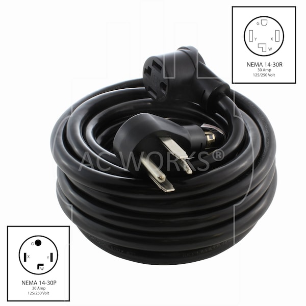 Ac Works STW; Cold Weather Extension Cord, 10 AWG, Indoor/Outdoor, 10/4, 1 Outlets, 14-30R, Black, Rubber - 1430PR-010