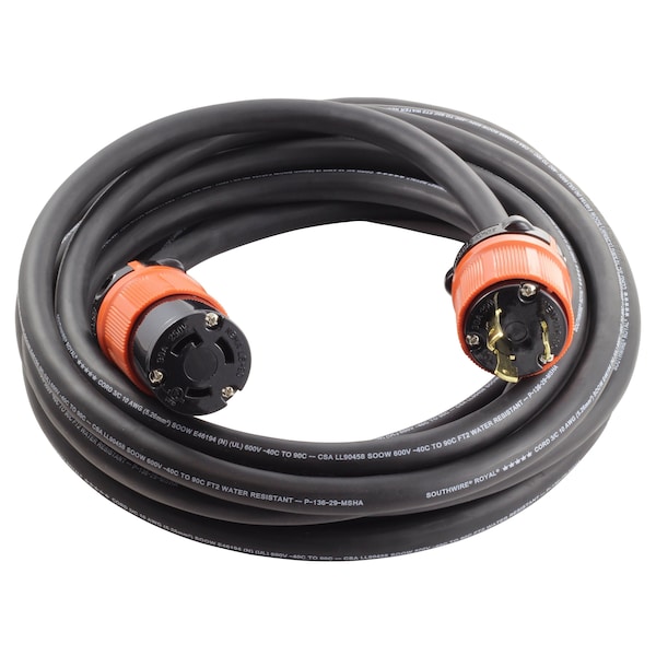 Ac Works SOOW; Cold Weather Extension Cord, 10 AWG, Indoor/Outdoor, 10/3, 1 Outlets, Black, Rubber, Nylon - L630PR-075