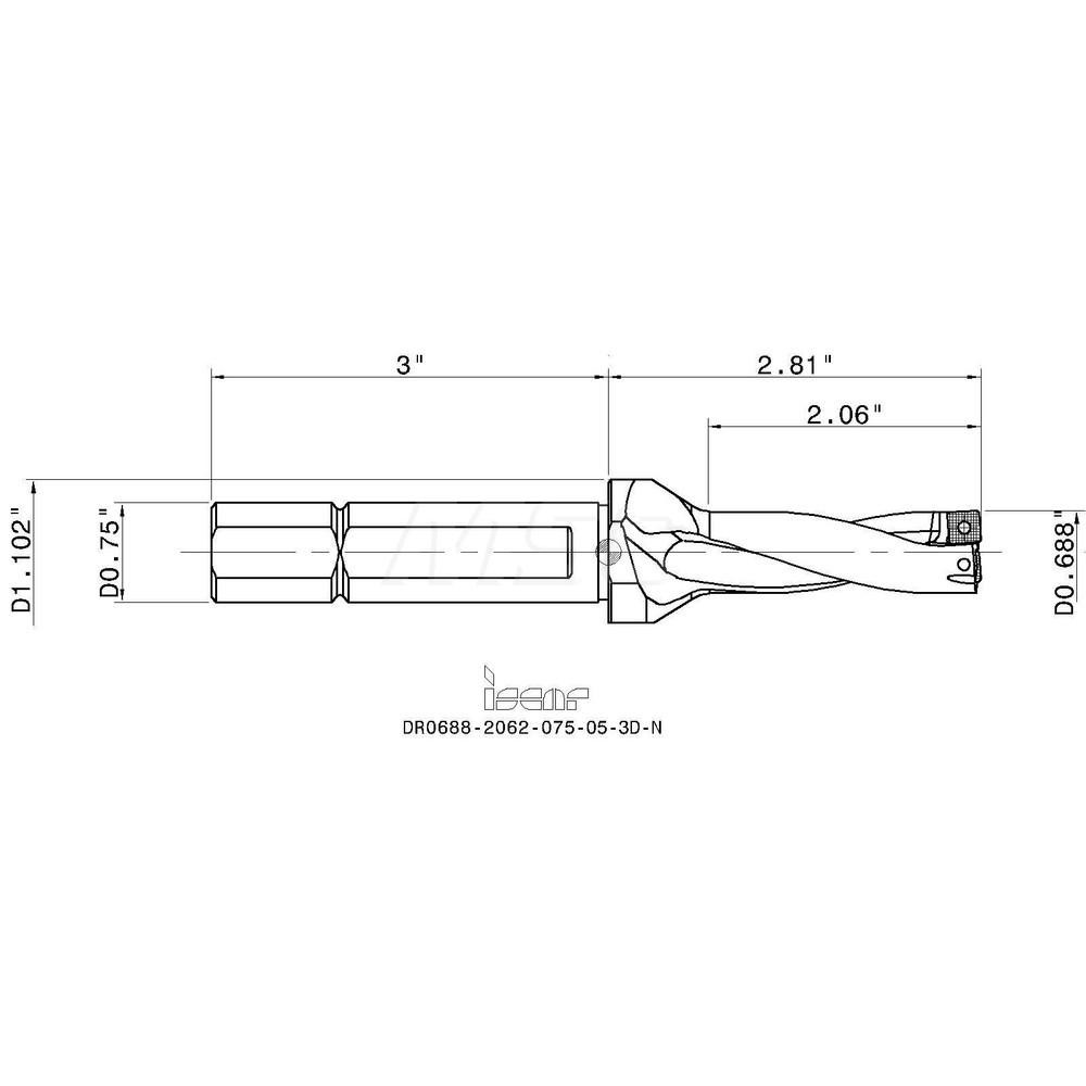 Iscar Indexable Insert Drill: DR0688-2062-075, 11/16" Max Dia, 3xD, 3/4" Shank Dia - 3201361