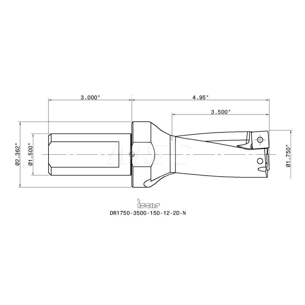 Iscar Indexable Insert Drill: DR1750-3500-150-12-2DN, 1-3/4" Max Dia, 3-1/2" Max Depth, 2xD, 1-1/2" Shank Dia - 3201810