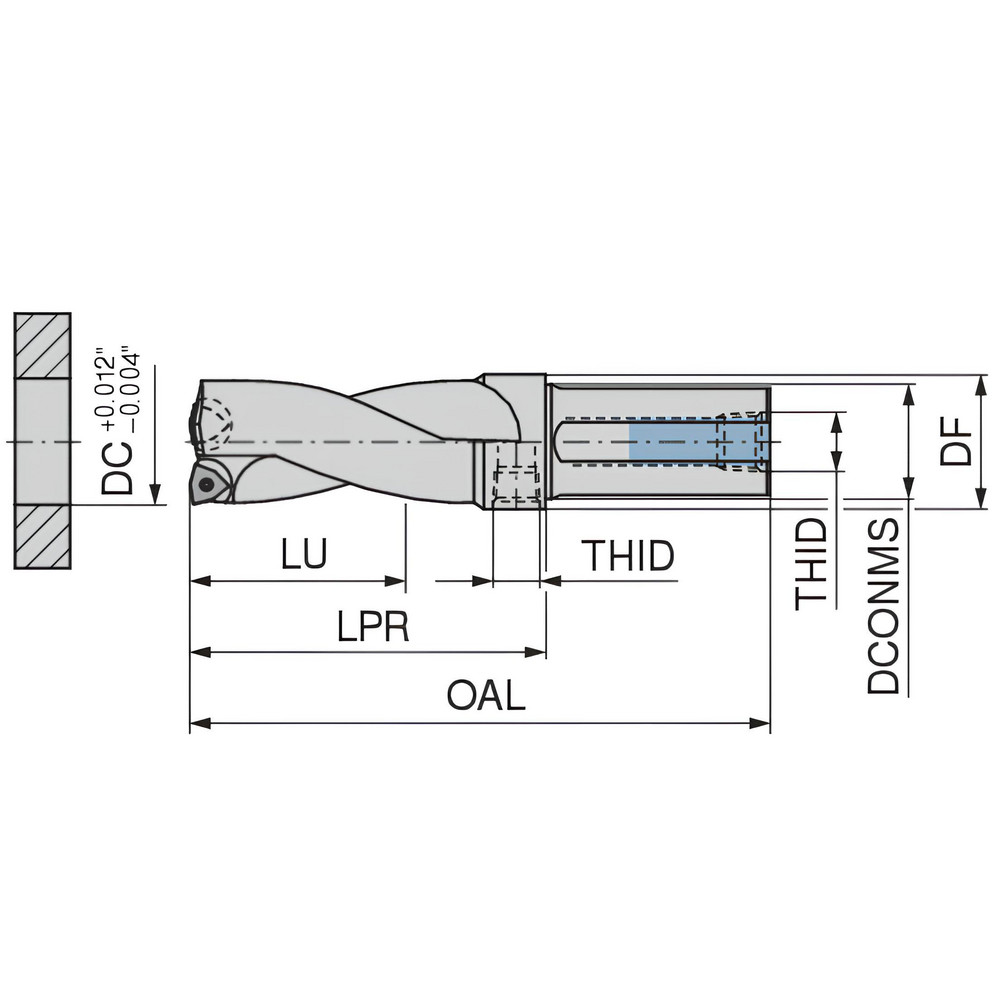 Komet Indexable Insert Drill: KUBT2,5D2250R10C2000EF, 2-1/4" Max Dia, 5" Max Depth, 2.5xD, 2" Shank Dia - 1589657204
