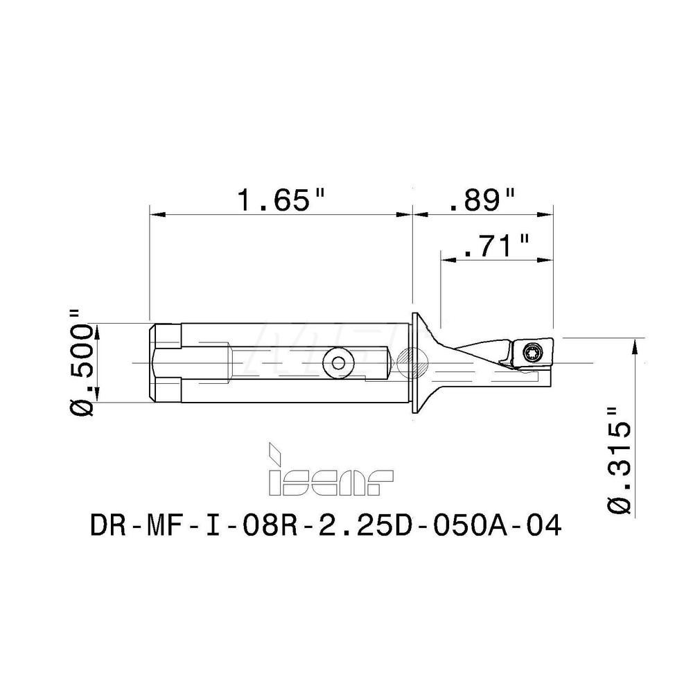Iscar Indexable Insert Drill: DRMFI08R2.25D050A04, 0.3150" Max Dia, 0.7100" Max Depth, 2.25xD, 0.5000" Shank Dia - 3202368