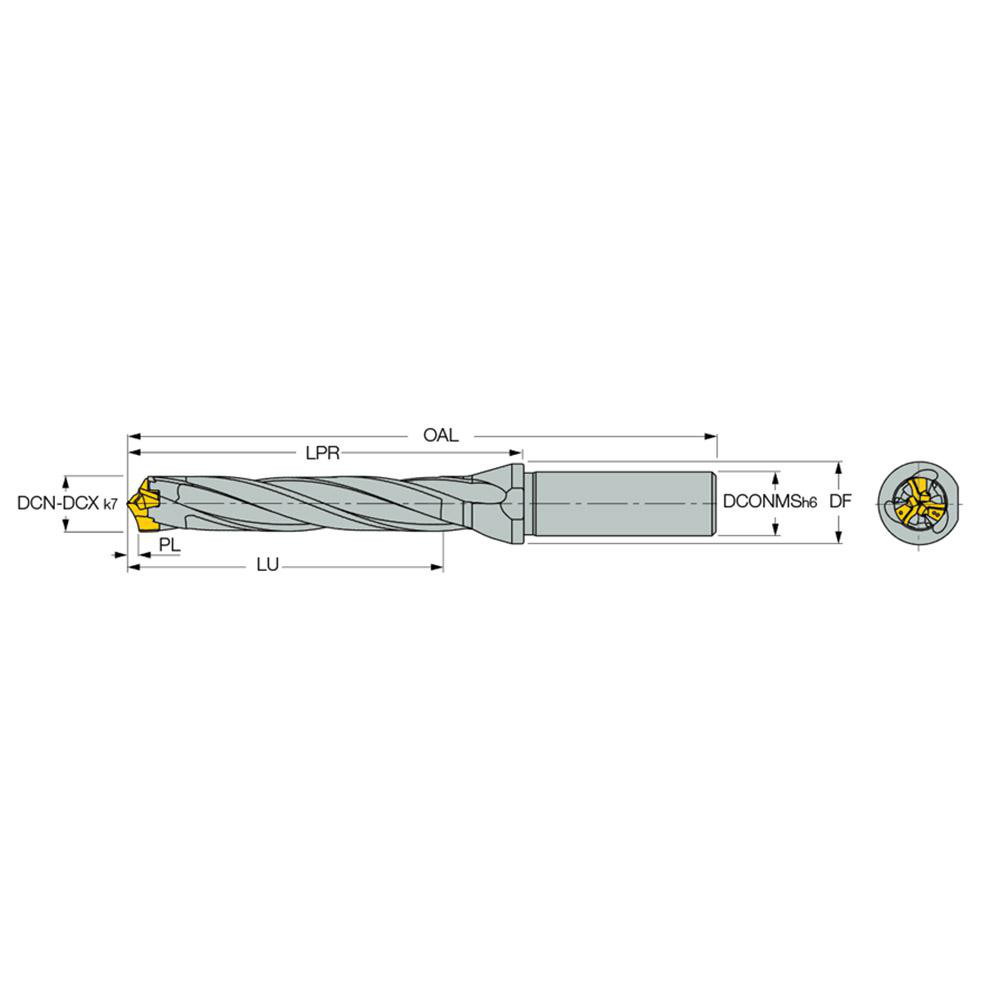 Iscar Replaceable-Tip Drill: 0.551 to 0.567" Dia, 2.88" Max Depth, 5/8" Straight-Cylindrical Shank - 3363070