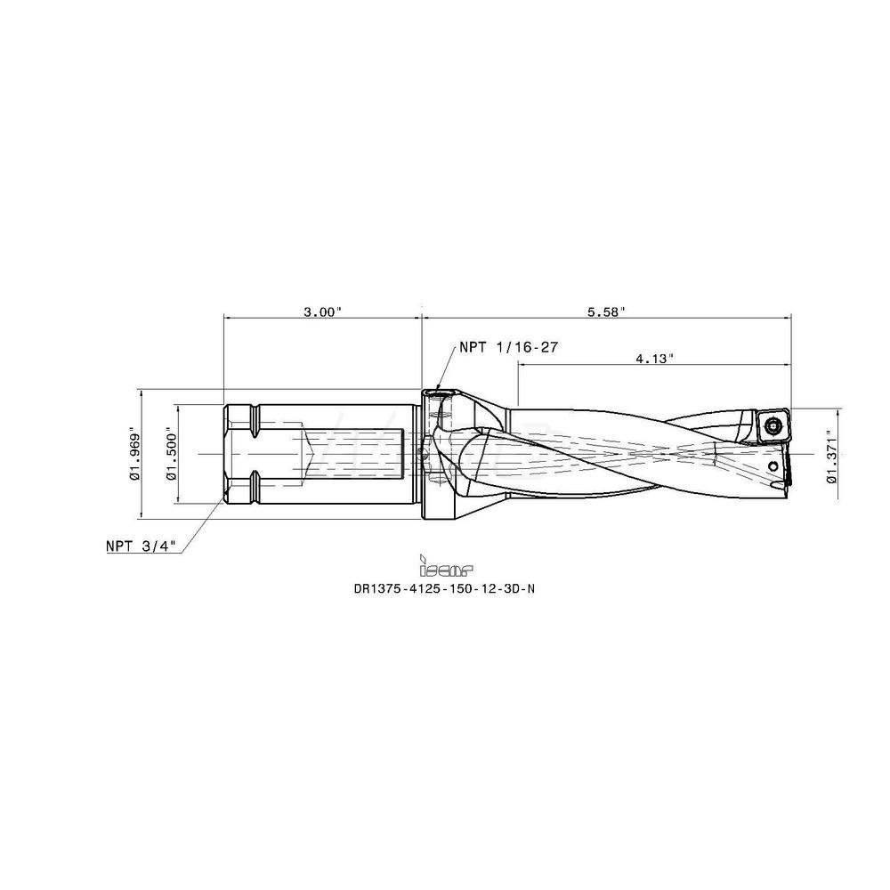 Iscar Indexable Insert Drill: DR1375-4125-150-12-3DN, 1-3/8" Max Dia, 3xD, 1-1/2" Shank Dia - 3201849