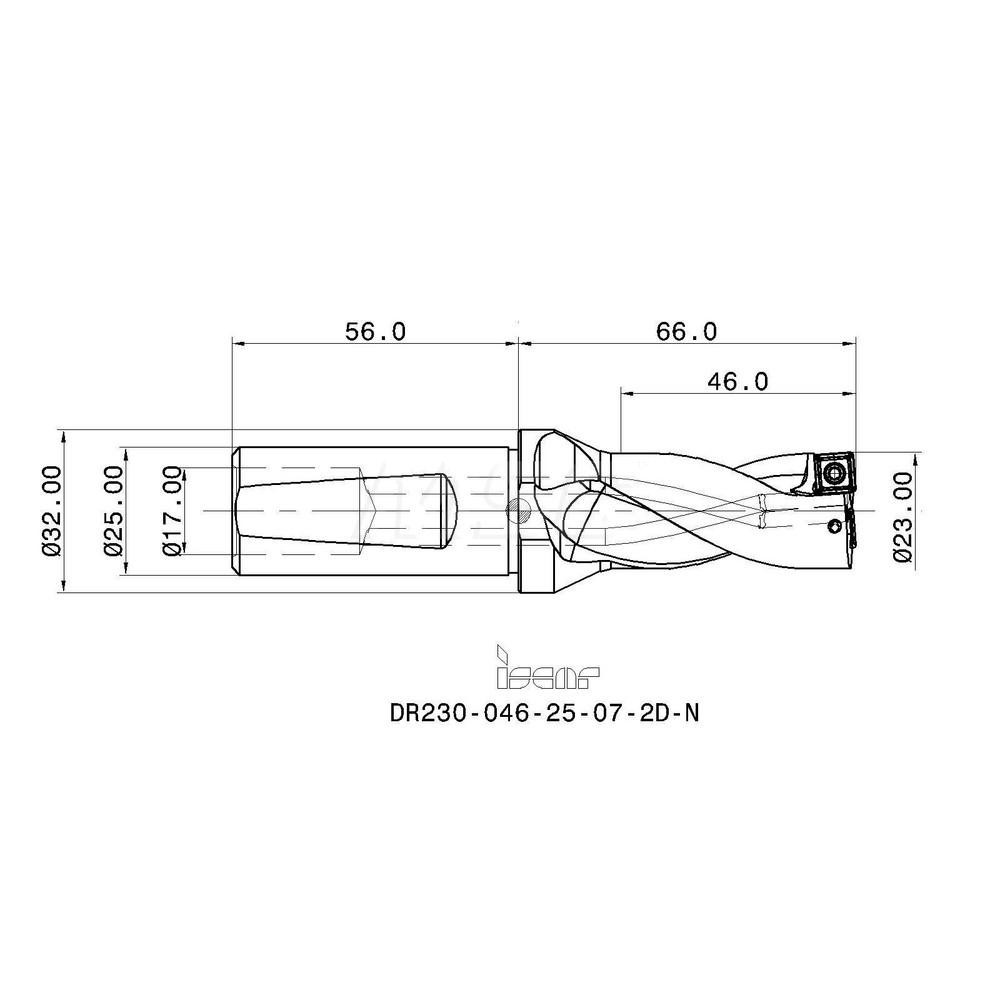 Iscar Indexable Insert Drill: DR23004625072DN, 25.50 mm Max Dia, 46.00 mm Max Depth, 2xD, 25.00 mm Shank Dia - 3201376