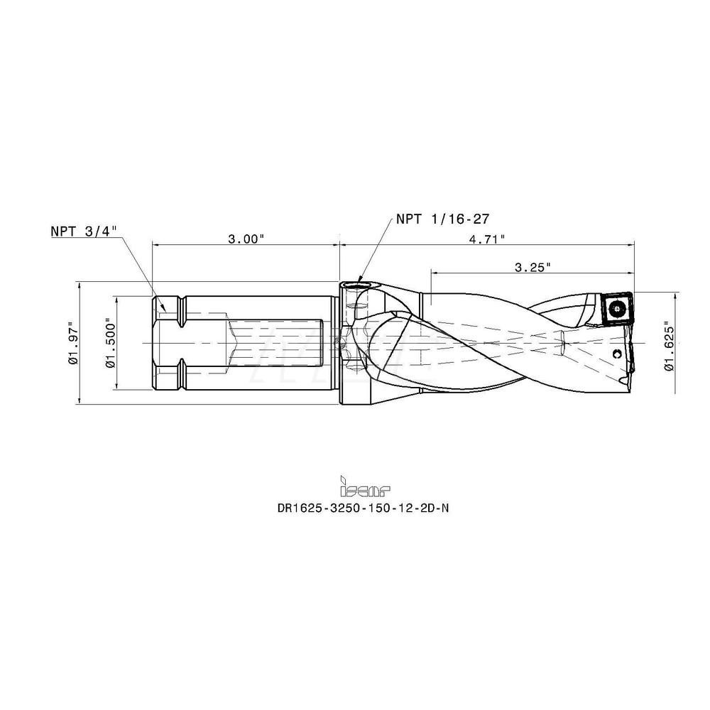 Iscar Indexable Insert Drill: DR1625-3250-150-12-2DN, 1-5/8" Max Dia, 3-1/4" Max Depth, 2xD, 1-1/2" Shank Dia - 3201808