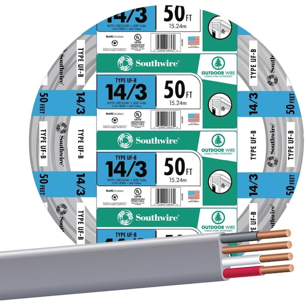 Southwire UF-B, Non-Metallic Underground Feeder Cable, 14 AWG, 50 ft - 13057522
