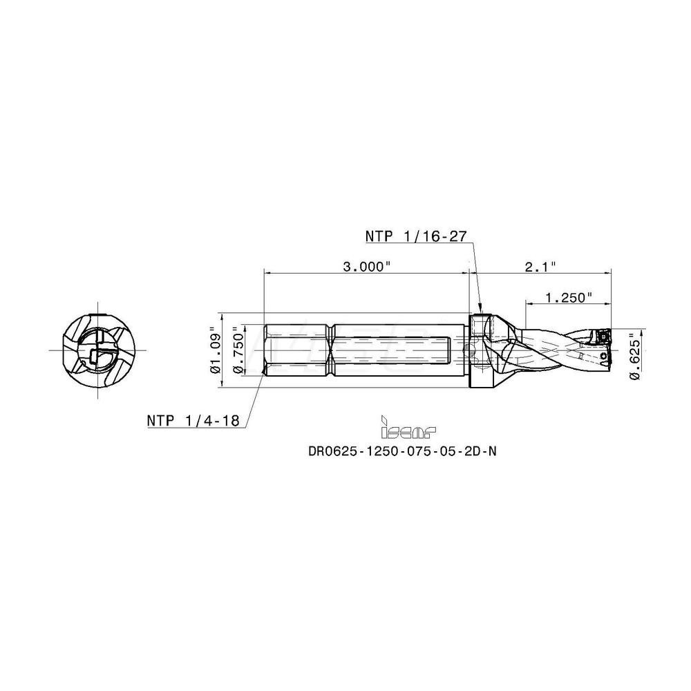 Iscar Indexable Insert Drill: DR0625-1250-075-05-2DN, 5/8" Max Dia, 1-1/4" Max Depth, 2xD, 3/4" Shank Dia - 3201311