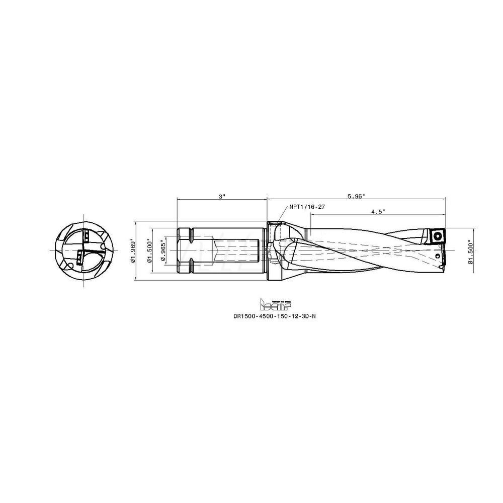 Iscar Indexable Insert Drill: DR15004500150123DN, 1-1/2" Max Dia, 4-1/2" Max Depth, 3xD, 1-1/2" Shank Dia - 3201851