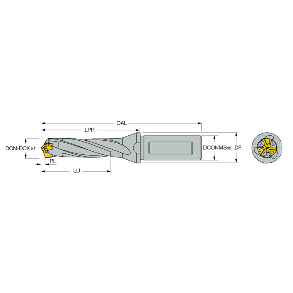 Iscar Replaceable-Tip Drill: 13.5 to 13.9 mm Dia, 43.41 mm Max Depth, 16 mm Flatted Shank - 3335695