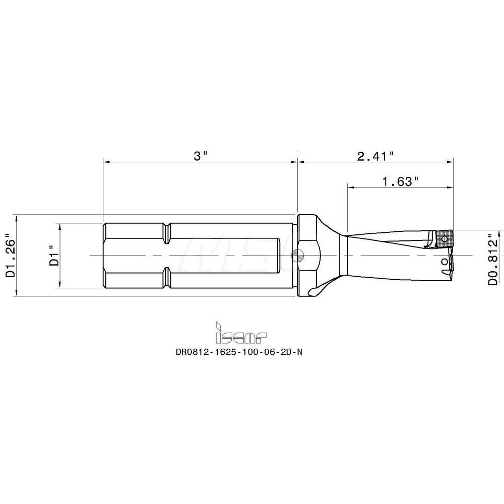 Iscar Indexable Insert Drill: DR08121625100062DN, 13/16" Max Dia, 2xD, 1" Shank Dia - 3201392