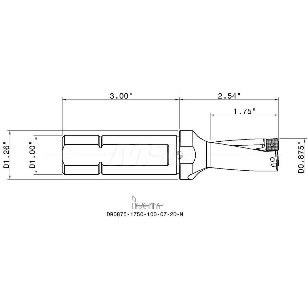 Iscar Indexable Insert Drill: DR0875-1750-100-07-2, 7/8" Max Dia, 1-3/4" Max Depth, 2xD, 1" Shank Dia - 3201394