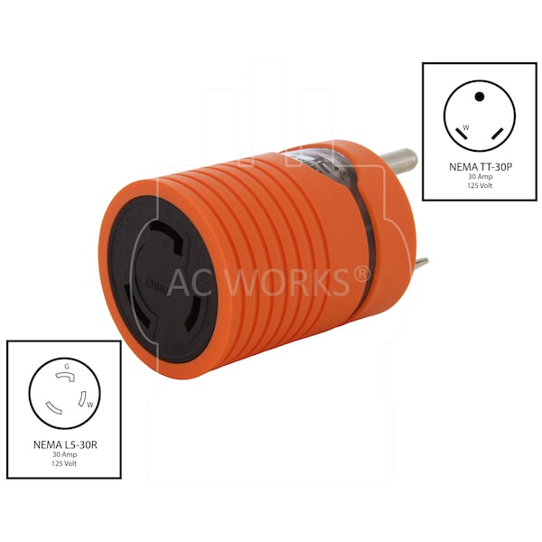 Ac Works Generator Adapter RV 30A TT-30P to L5-30R 30A 3-Prong Locking Connector - ADTTL530