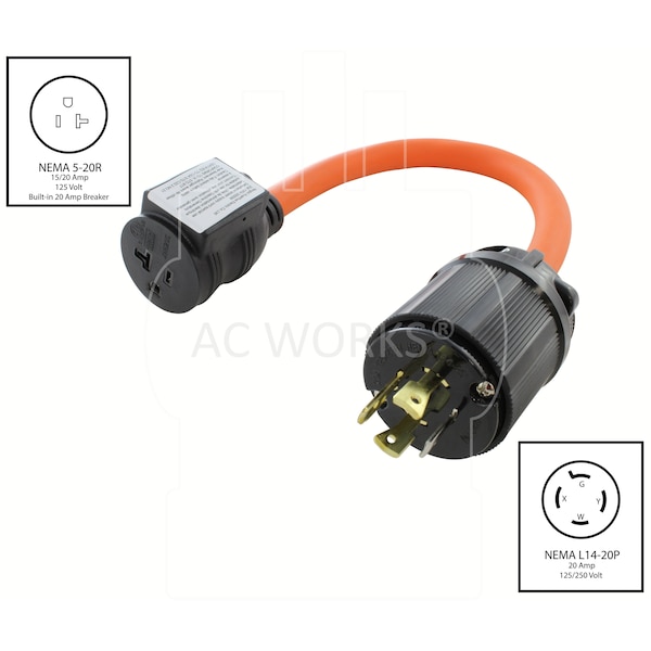 Ac Works 1.5FT 20A 4-Prong L14-20P Locking Plug to Household Outlet with 20A Breaker - L1420CB520