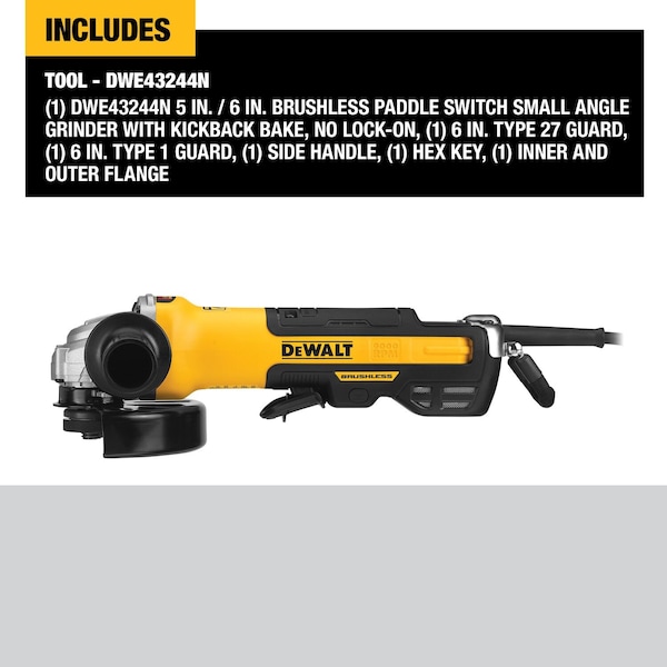 Dewalt 5 in. / 6 in. Brushless Paddle Switch Small Angle Grinder with Kickback Brake, No Lock - DWE43244N