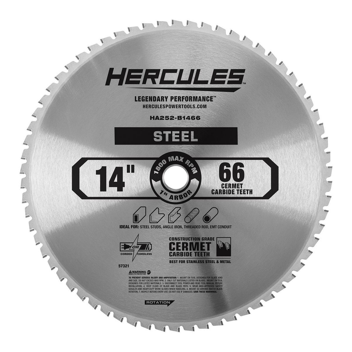Hoja de sierra circular Hercules de 14 pulgadas, 66 dientes de carburo de cermet para sierras cortadoras de metal con eje de 1 pulgada - 57321