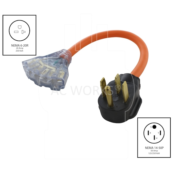 Ac Works 1.5FT 50A 4-Prong RV/Range 14-50P Plug to 3 NEMA 6-15/20 Tri-Outlets - S1450W620-018