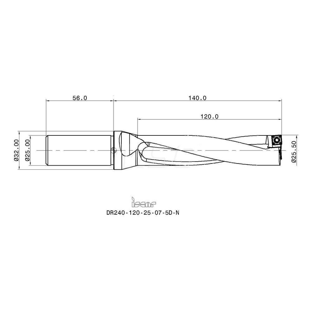 Iscar Indexable Insert Drill: DR24012025075DN, 25.50 mm Max Dia, 120.00 mm Max Depth, 5xD, 25.00 mm Shank Dia - 3202363