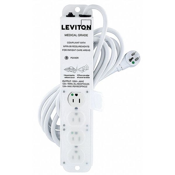 Leviton Outlet Strip, 15 A, 15 ft Cord L, 4 Outlets - 5304M-1N5