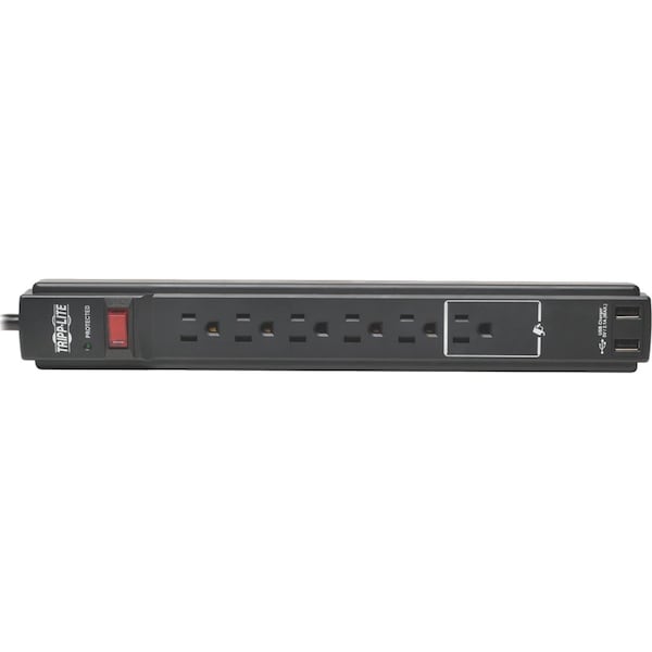 Tripp Lite Surge, 6 Outlet, 6ft cord, 990J, 2xUSB, Black - TLP606USBB