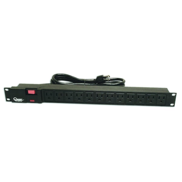 Quest Mfg Horizontal Rack Mount Surge Strip, 12 Outlets, 120V/15A, 1U, 19", Black - HPS-E12P