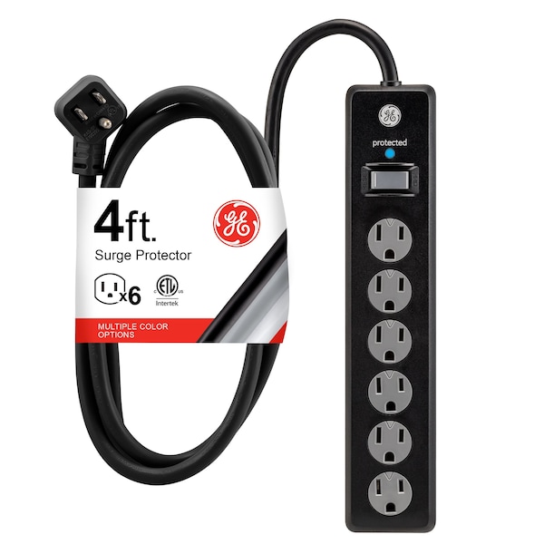 Ge GE 6 Outlet Surge Protector, 4 Ft Cord, Power Strip, Black, 33659 - 33659
