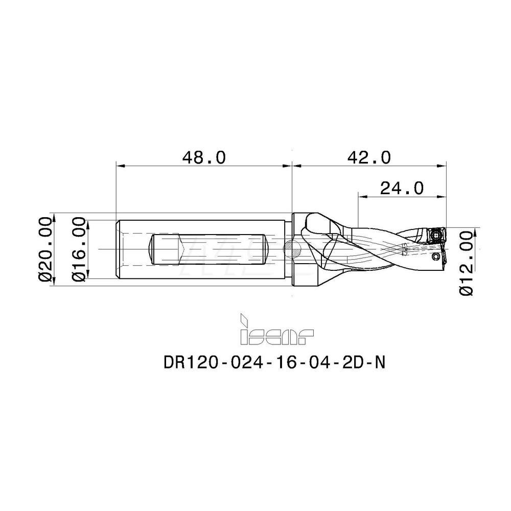 Iscar Indexable Insert Drill: DR12002416042DN, 12.40 mm Max Dia, 24.00 mm Max Depth, 2xD, 16.00 mm Shank Dia - 3202078