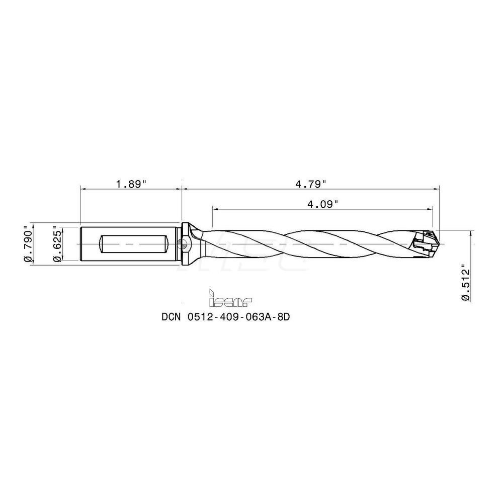 Iscar Replaceable-Tip Drill: 0.512 to 0.547" Dia, 4.09" Max Depth, 5/8" Weldon Flat Shank - 3202481