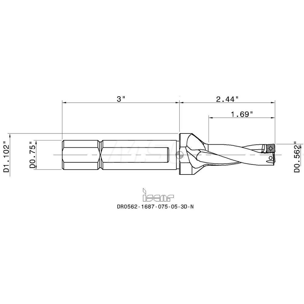 Iscar Indexable Insert Drill: DR0562-1687-075, 9/16" Max Dia, 3xD, 3/4" Shank Dia - 3201320