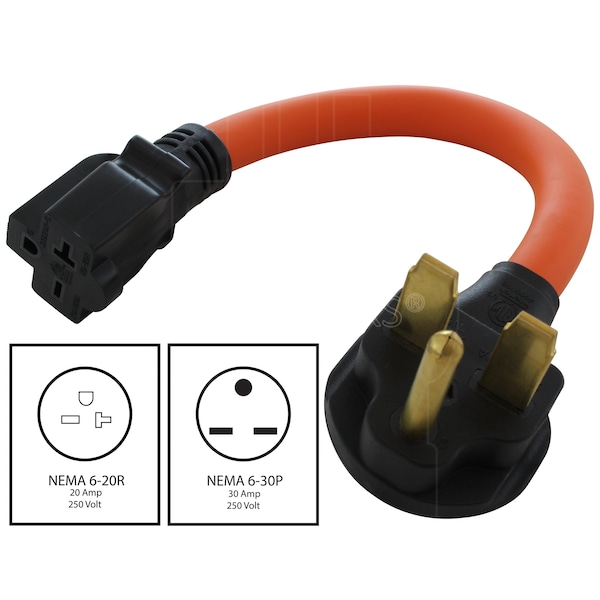 Ac Works 1FT 30A 3-Prong 6-30P Commercial HVAC Plug to 6-15/20 Outlet - S630620-012