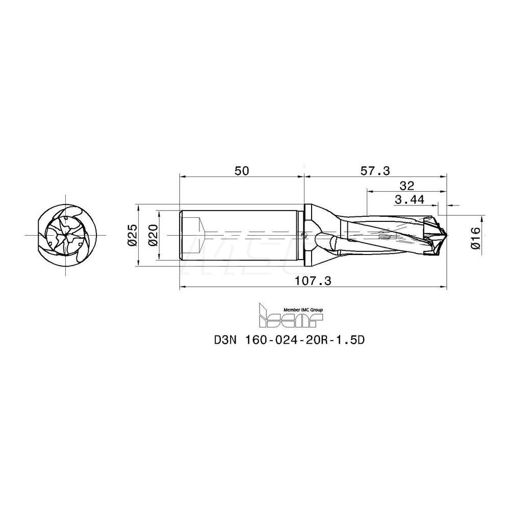 Iscar Replaceable-Tip Drill: 16 to 16.9 mm Dia, 32 mm Max Depth, 20 mm Straight-Cylindrical Shank - 3363001