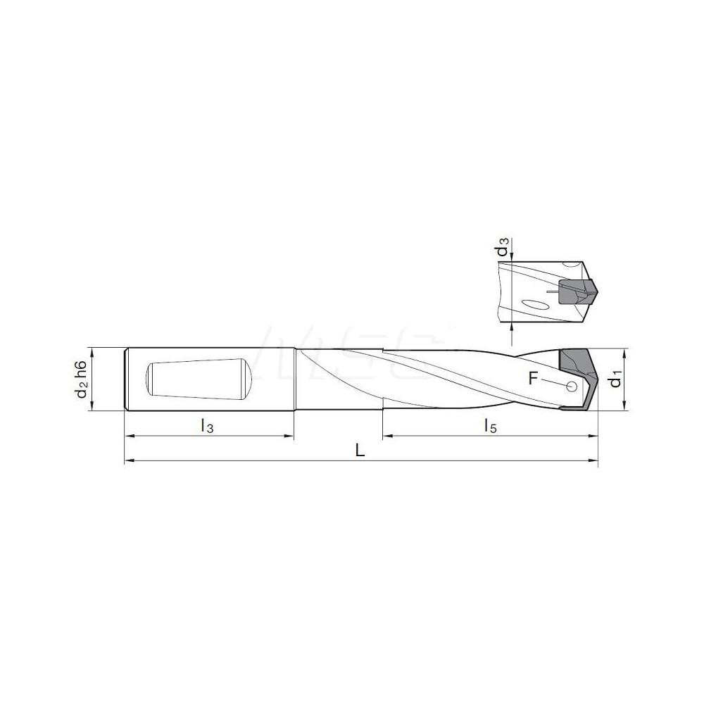 Guhring Replaceable-Tip Drill: 0.669 to 0.689" Dia, 55.8 mm Max Depth, 3/4" Shank - 9041070170050