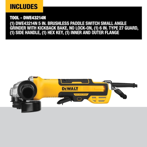 Dewalt 5 in. Brushless Paddle Switch Small Angle Grinder with Kickback Brake, No Lock-On - DWE43214N